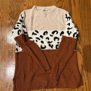 Pink Clover Colorblock Leopard Crewneck Sweater - Cream, Black & Rust